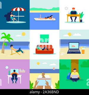 Distant work banner set, flat style Stock Vector