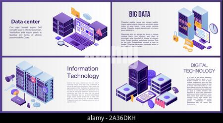 Data center server banner set, isometric style Stock Vector
