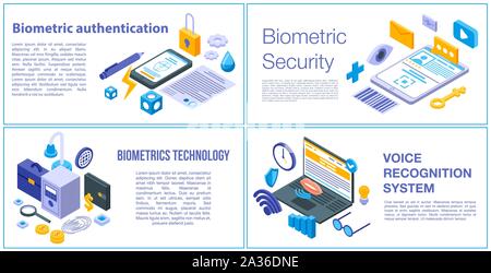 Biometric authentication banner set, isometric style Stock Vector