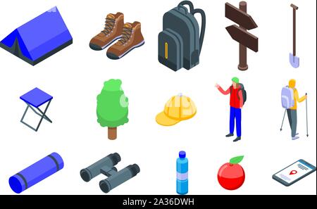 Hiking icons set, isometric style Stock Vector