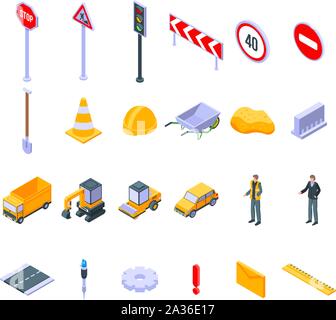 Road repair icons set, isometric style Stock Vector
