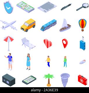 Family travel insurance icons set, isometric style Stock Vector