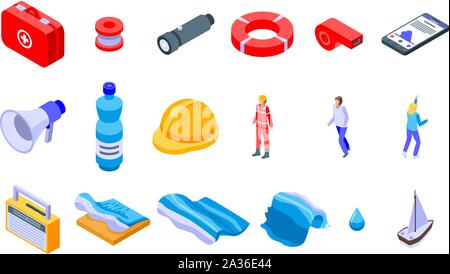 Tsunami icons set, isometric style Stock Vector