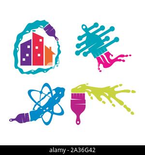 Brush Home technology logo design template Painting service Set Stock Vector