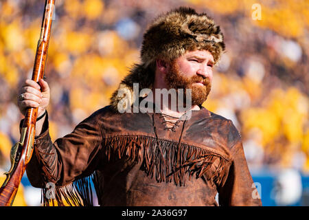 The West Virginia Mountaineers mascot during the NCAA college football game between the Texas Longhorns and the West Virginia Mountaineers on Saturday October 5, 2019 at Milan Puskar Stadium in Morgantown, West Virginia. Jacob Kupferman/CSM Stock Photo