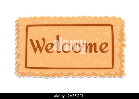 Welcome. Flat doormat for decoration design. Element of Home decor. Carpet with the text isolated on white background. Welcome greeting and invitation to come in. Vector Illustration Stock Vector