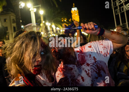 Sitges, Spain. 05th Oct, 2019. Sitges Zombie Walk 2019 within the 52 Sitges- international fantastic film festival of Catalonia.Every year, on the first Saturday of the Sitges film festival, the 'Sitges Zombie Walk' is held. (Photo by Francisco José Pelay/Pacific Press) Credit: Pacific Press Agency/Alamy Live News Stock Photo