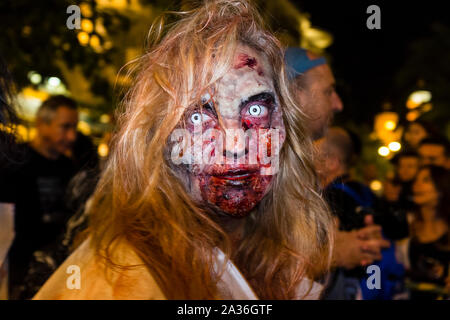 Sitges, Spain. 05th Oct, 2019. Sitges Zombie Walk 2019 within the 52 Sitges- international fantastic film festival of Catalonia.Every year, on the first Saturday of the Sitges film festival, the 'Sitges Zombie Walk' is held. (Photo by Francisco José Pelay/Pacific Press) Credit: Pacific Press Agency/Alamy Live News Stock Photo