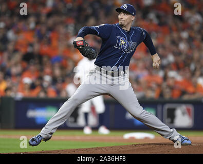 Houston, United States. 05th Oct, 2019. Tampa Bay Rays starting pitcher Blake Snell throws against the Houston Astros in the first inning during the American League Division Game two at Minute Maid Park in Houston, Texas on October 5, 2019. Houston leads the best of five series over Tampa Bay 1-0. Photo by Trask Smith/UPI Credit: UPI/Alamy Live News Stock Photo