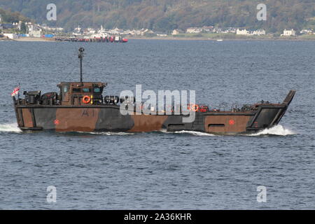 L1008 (A1), a LCU Mk.10 deployed from HMS Albion, passing Gourock on its arrival for Exercise Joint Warrior 19-2. Stock Photo