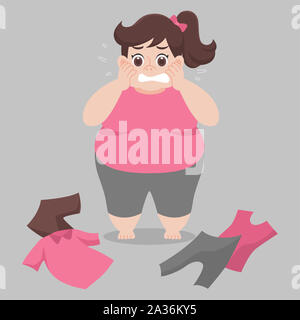 Big Fat woman cannot wearing her clothes because she is too fat,tight, fit, too small, body over weight, sad, afraid, unhappy, big size, diet  cartoon Stock Photo