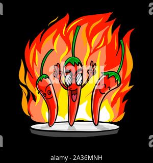 Three chili pepper on stage with fire flame, cartoon comic style isolation on black background. drawing vector graphic design separation by layers. Stock Vector