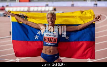 Yulimar Rojas of Venezuela celebrating her win in the triple jump final on day 9 of the 17th IAAF World Athletics Championships Doha 2019 at Khalifa International Stadium. Credit: SOPA Images Limited/Alamy Live News Stock Photo