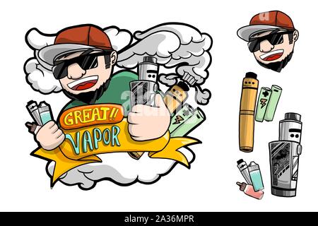 Vaporizer Man with his vapor set with great vapor words on golden ribbon and halftone. Drawing line arts vector illustration suitable for t-shirt scre Stock Vector
