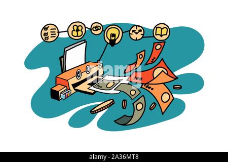 Drawing of document printer concept for business. Earning more money by eco printer with modern technology. Customize retro color art concept. Stock Vector