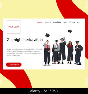 Get higher education landing page. Happy students in black gown throw up hats. Illustration education finish in university, webpage college or school Stock Vector