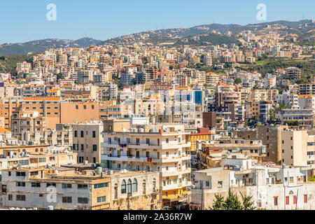 Mediterranean city downtown with lots of business and residential buildings in the background, Biblos, Lebanon Stock Photo
