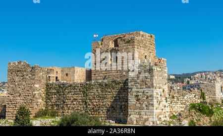 Gibelet old crusader castle walls and towers in Byblos, Lebanon Stock Photo