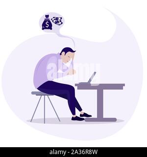 Depressed businessman think about money. Bankruptcy working for money, vector sad person with finance thought illustration Stock Vector