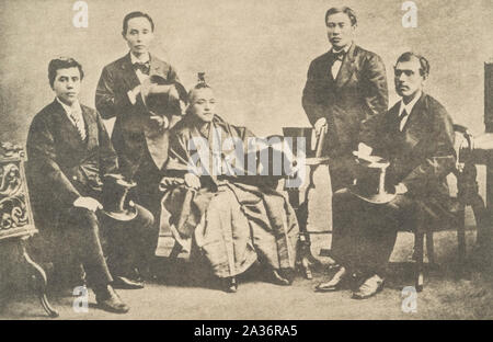 Iwakura Mission, 1872 (Meiji period), Location Private Collection. From left to right, Kido Takayoshi,Yamaguchi Naoyoshi,Iwakura Tomomi , Ito Hirobumi ,Okubo Toshimichi . This photo was taken  in London 1872. Stock Photo