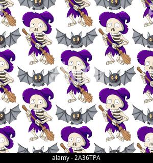 Happy Halloween vector seamless pattern with scary witches and bats Stock Vector