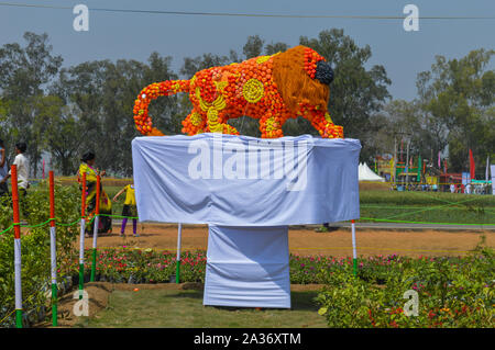 A statue of indian lion which is made of cotton and fruit showcase on the agriculture festival, pusa, New Delhi. Stock Photo