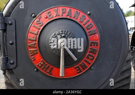 Close up of nameplate on a Wallis steam traction engine at Tyseley Railway Centre, Birmingham, UK Stock Photo