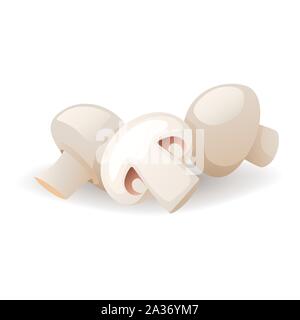 Three mushrooms, fresh natural champignon icon isolated on white background, vector illustration. Stock Vector