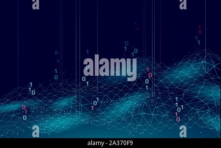 Abstract digital landscape 3D blue background. Information code flow data analysis concept. Modern grid mesh scape particle connected dots vector Stock Vector