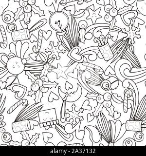 New year. Seamless pattern background. Doodle black and white coloring book. Vector illustration. Stock Vector