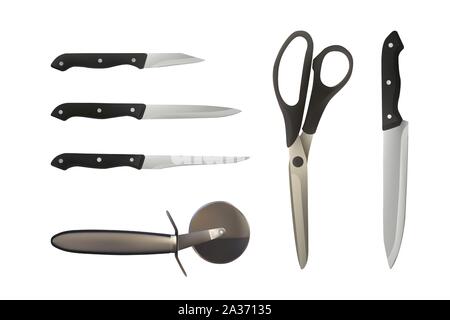 Knife set, cutter pizza and scissors. Vector illustration. Stock Vector