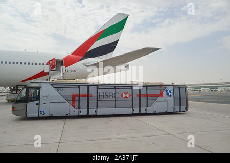 DUBAI, UAE - CIRCA JUNE, 2015: Boeing 777 operated by Emirates Airlines at Dubai International Airport. Stock Photo