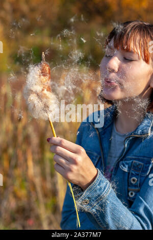 Girl child blows on a cattail in hand and fluff flies in her face. Autumn colors on a blurred background. Selective focus on the fluff. Stock Photo