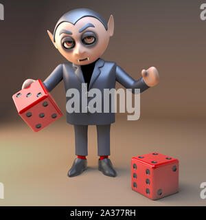 Cartoon 3d dracula vampire character playing with dice at Halloween, 3d illustration render Stock Photo