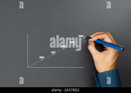 Businessman using pen drawing line year growing graph.Describe the organization's management plan or Company and development guidelines. Depicts busin Stock Photo