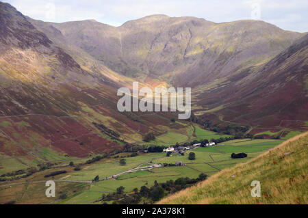 Wasdale Head Inn and the Wainwright Pillar from Footpath to the Wainwright Lingmell in Wasdale, Lake District National Park, Cumbria, England, UK. Stock Photo