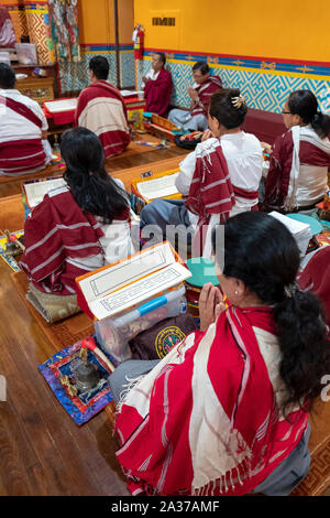 Nepalese and Tibetan Buddhist women in similar clothing, pray & meditate at a Thoma Puja in a temple in Elmhurst, Queens, New York City. Stock Photo