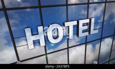 Hotel sign on glass building. Mirrored sky and city on modern facade. Travel concept in 3D rendering illustration. Stock Photo