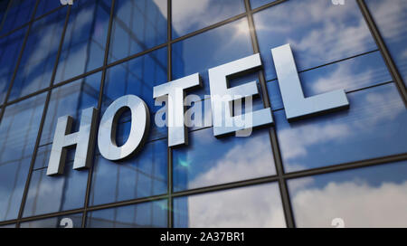 Hotel sign on glass building. Mirrored sky and city on modern facade. Travel concept in 3D rendering illustration. Stock Photo