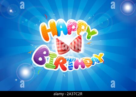 3D Cute rainbow colorful bubble with pattern calligraphy of happy birthday for an anniversary celebration and invitations greeting card on blue backgr Stock Vector