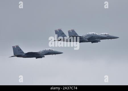Boeing F-15E Strike Eagles fly in formation RIAT 2019 Stock Photo