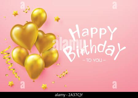 Calligraphy happy birthday text with golden balloon star and ribbon on pink background vector illustration Stock Vector