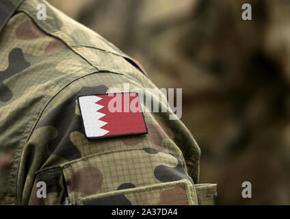 Flag of Bahrain on military uniform (collage). Stock Photo