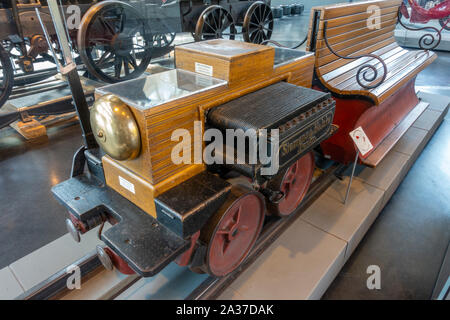 The first electric locomotive,(1879) by Siemens & Halske in the Deutsches Museum Verkehrszentrum (German Transport Museum), Munich, Germany. Stock Photo