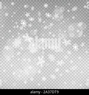 closeup snowfall on transparent backdrop Stock Vector
