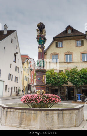 Delemont, Jura / Switzerland - 28 August, 2019:  view of the historic 'Fontaine du Lion' or Lion Fountain in the Swiss city of Delemont Stock Photo