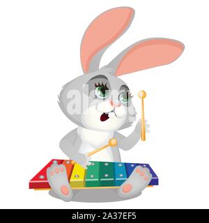 Small wild forest animal play on musical instrument. Bunny with xylophone isolated on white background. Sketch of festive poster, party invitation Stock Vector