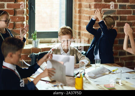 positive team congratulating their leader with a good job, successful presentation, meeting , close up photo, lifestyle Stock Photo