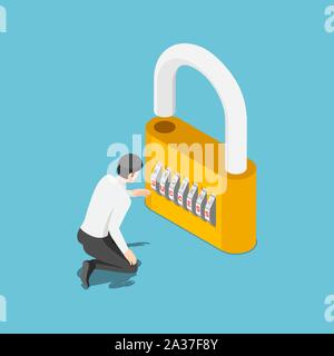 Flat 3d isometric businessman unlock the lock by success code. Business success and unlock potential concept. Stock Vector