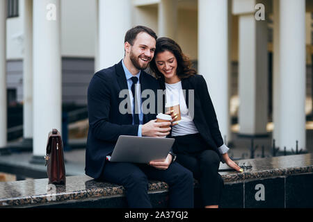 Relax time for team meeting. happy office workers drink coffee and talking about work.favourite job. close up photo Stock Photo